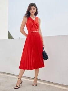 MOTF PREMIUM ROBE unicolore À TORSION AVEC BUSTE PLISSÉ ET OURLET - Rouge - Voir 2