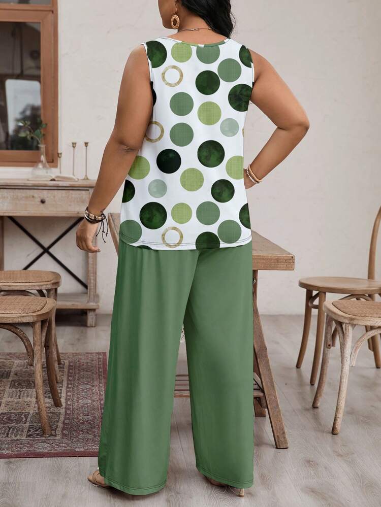 Ensemble deux pièces pour femmes grandes tailles, composé d'un gilet imprimé à pois et d'un pantalon ample, pour l'été et les vacances