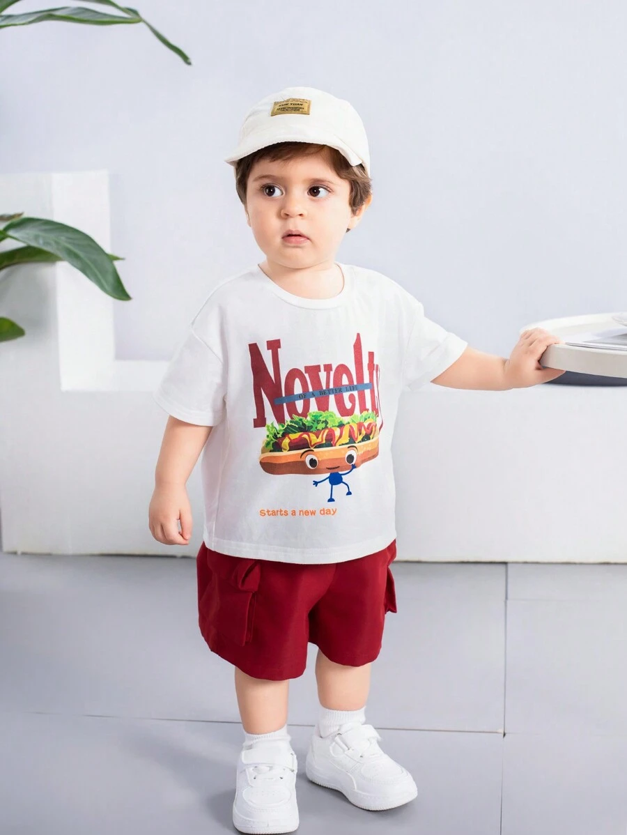 SHEIN Baby Boy Or Baby Girl Cartoon Animal Pattern Soft Knit Round Neck Short Sleeve Top And Solid Color Shorts 2pcs/Set