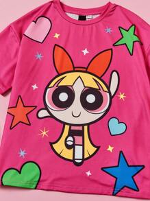 THE POWERPUFF GIRLS X SHEIN Conjunto de camiseta de manga corta y shorts impresos con dibujos animados brillantes, informal y lindo para niña preadolescente, verano