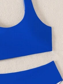 SHEIN Swim 夏季海灘女士純色性感比基尼套裝，適用於度假 - 寶藍色 - 查看 5