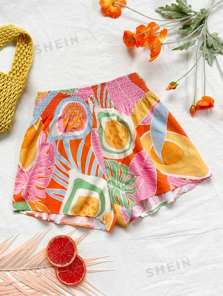Soleia WYWH: Shorts de tiro alto para mujer con cinturón de cintura, estilo tropical holgado y estampado para vacaciones de ocio en la playa