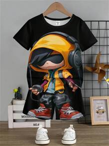 SHEIN Young Boy Casual Cartoon Printed Short Sleeve T-Shirt And Shorts Set, Suitable For Summer