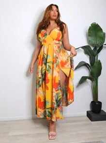 SHEIN SXY 熱帶印花露背露腰連衣裙，高開叉設計，適合度假穿著 - 彩色 - 查看 3