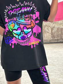 SHEIN Conjunto de camiseta de manga corta con estampado de osito de peluche y pantalones cortos de graffiti informal para niña preadolescente para un look fresco, lindo y de verano - Negro - Ver 2