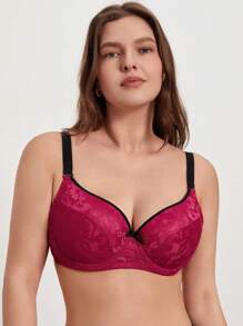 Plus Size Lace Burgundy Bra Elegant Bow Detail Medium Stretch - Burgundy - View 1