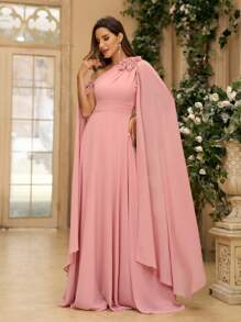 SHEIN Belle 3D Flower, Chiffon, Asymmetrical Neck Bridesmaid Dress With Graceful Sleeves (Heavy Industry) Formal Ball Gown For Women, Elegant Long Sleeve Prom Evening Wedding Guest Dress, For Graduation, Dinner Party Dress