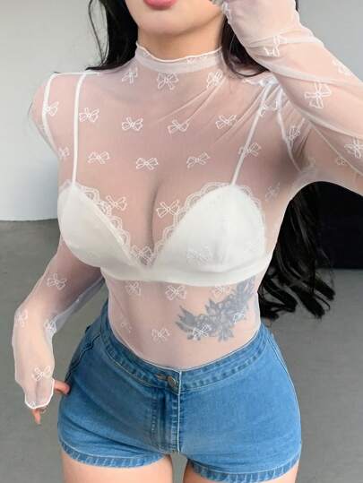 DAZY 蕾丝蝴蝶结装饰透明长袖衬衫，适合派对、情人节夏季