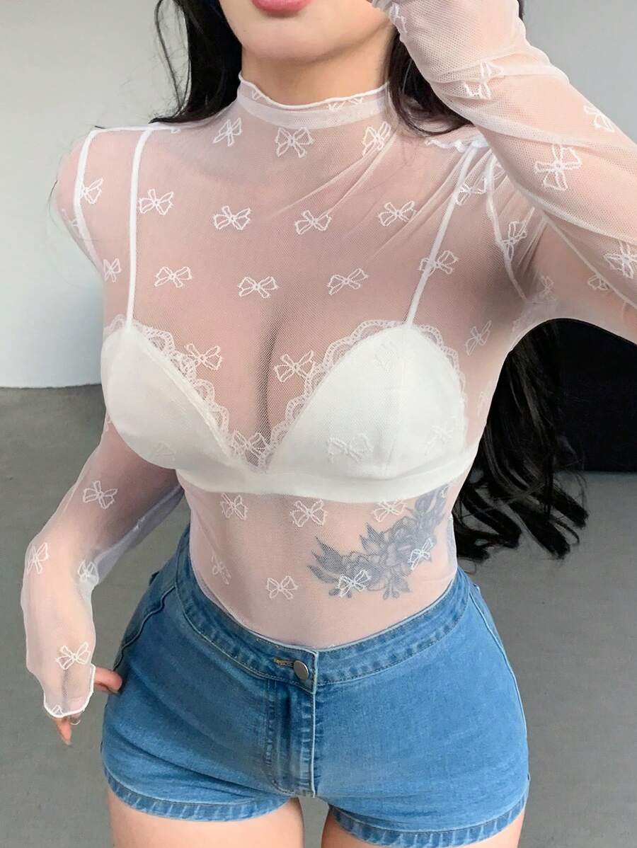 DAZY Lace Bow Decor Sheer Long Sleeve Blouse, Suitable For Party, Valentine's Day Summer - Beige - View 1