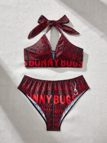 LOONEY TUNES X SHEIN Plus Size Knitted Letter And Cartoon Print Halter Neck Bikini Set, Summer