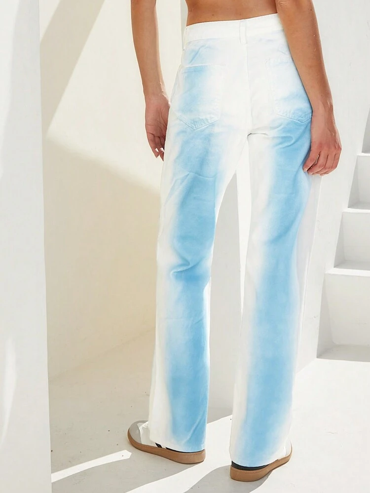 Casual Ombre Tie-Dye Blue And White Wide Leg Jeans