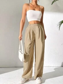 SHEIN PETITE Quần ống rộng lưng cao nữ chi tiết xếp ly - màu nâu - Xem 6