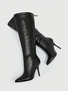 女性抽繩細節一腳蹬尖頭細跟靴子,優雅黑色襪型運動鞋適用於戶外 - 黑色 - 查看 5