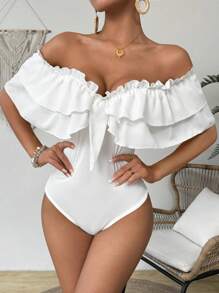 SHEIN VCAY Women Fashion Solid Color Bodysuit With Ruffle Neck Ruffle Neckline