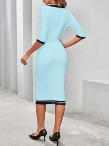 SHEIN Clasi Women Summer Round Neck Half Sleeve Button Decor Slim Elegant Dress