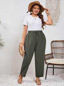SHEIN Frenchy Plus Size Linen Pants,Vacation Solid Color High Waist Tie Front Trousers - Army Green - View 5