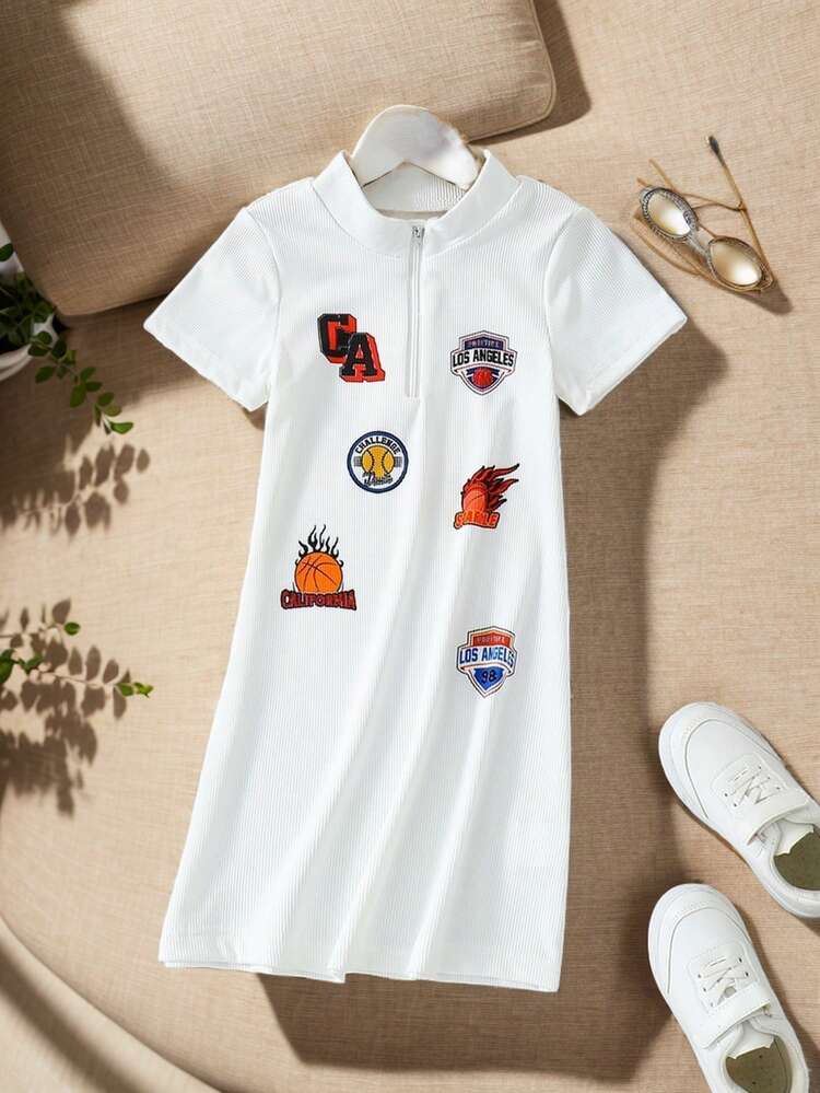 Young Girl Street Fashion Knitted Pit Fashion Badge Printed Front Zipper Dress Spring And Summer