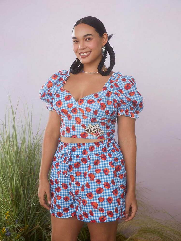 Plus Size Summer Romantic Blue Gingham & Floral Print Blouse For Summer