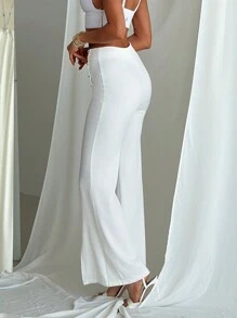 Aloruh Elegant Button Decorated Split Open Daily Matching Flared Pants - White - View 3