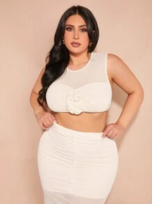 SHEIN BAE Plus Size Women's Beige Summer Sweet Vacation Three-Dimensional Flower Multi-Decoration Partial See-Through Vest Long Skirt Two-Piece Set