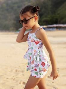 SHEIN Costume da bagno a due pezzi con stampa a conchiglia e balze per ragazze giovani