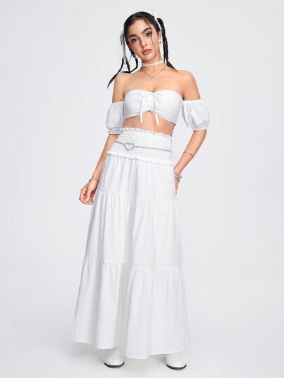 Fairycore Casual Beach Style Strapless A-Line Loose Skirt Women 2pcs Set For Holiday Or Vacation Outfits