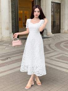 DAZY Women's White Floral Sweetheart Neckline Lace Short Sleeve Maxi Dress For Summer,Elegant Dates,Birthday New Year Eve Prom Sundress,Dress For Wedding - Beige - View 9
