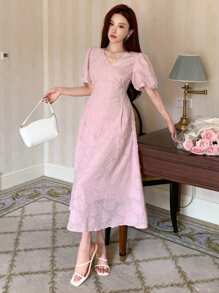 DAZY 女士V领短款灯笼袖贴花连衣裙，生日舞会礼服，优雅女士连衣裙 - 粉色 - 查看 6