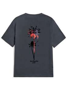 Men's Summer Letter & Palm Tree Print Crew Neck Short Sleeve Casual T-Shirt - Grey - View 3