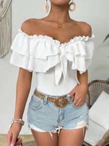 SHEIN VCAY Women Fashion Solid Color Bodysuit With Ruffle Neck Ruffle Neckline