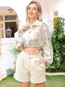 GENKIRA 长袖休闲金属印花抽绳下摆落肩衬衫 - 彩色 - 查看 5