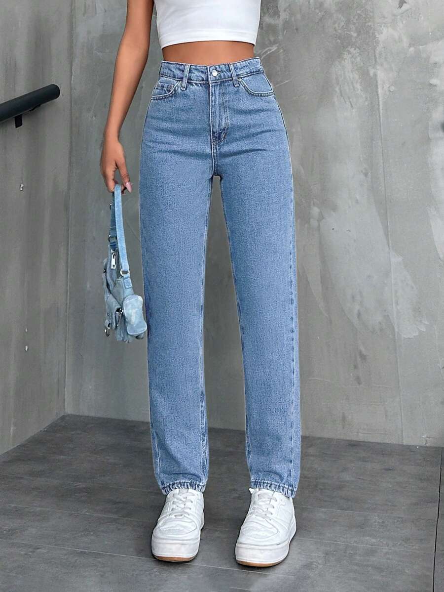 SHEIN Cottnline Solid Color Tapered Jeans - Blue - View 1