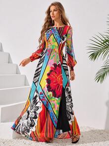 LOVE&LEMONADE 女裝多彩隨機印花圓領長袖連衣裙 - 彩色 - 查看 4