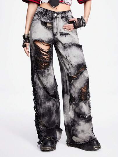 Grunge Punk Jeans rectos con pata de corte asimétrico, lavado con agua, teñido anudado, agujero y borde crudo para mujer, estilo vintage