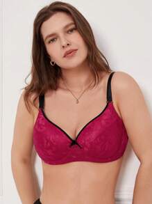 Plus Size Lace Burgundy Bra Elegant Bow Detail Medium Stretch - Burgundy - View 8