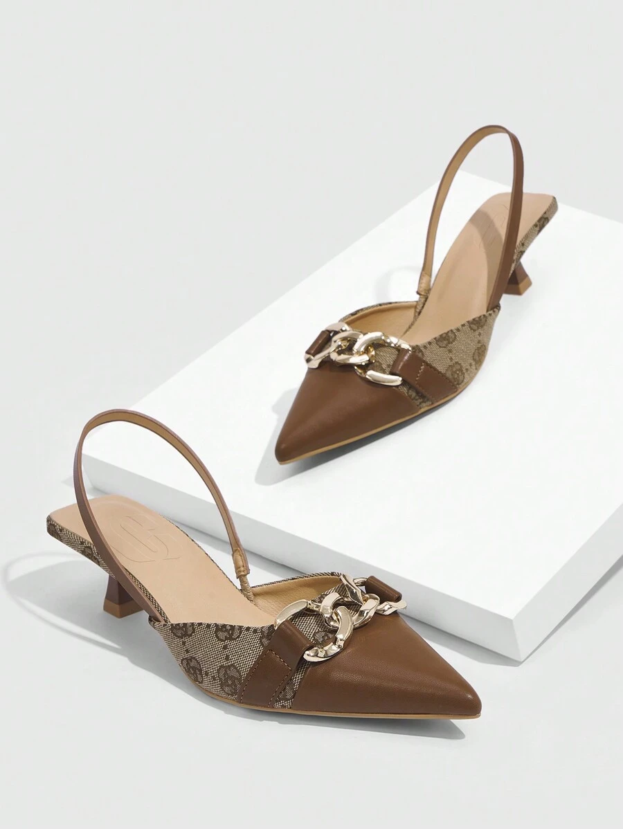 CUCCOO TILAWA Women Chain Decor Retro Floral Color-Block Design Pointed Toe High-Heeled Sandals With Ankle Strap And Kitten Heel, Fashionable And Comfortable For Daily Wear, Outdoor Activities And Family Gatherings In Spring And Summer, Brown, Graduation Heel, Prom Heels For Summer Vacation Shoes Summer Spring Shoes Spring Break Easter