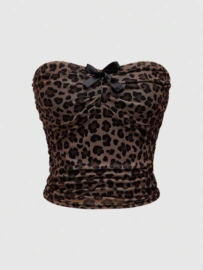 Grunge Punk Top tubo de malla con estampado de leopardo, decoración de moño y cintura fruncida, estilo Gyaru Shibuya Y2K para mujer, escolar