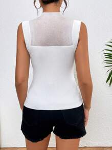 SHEIN Privé Women White Knitted Sleeveless Top With Semi-High Collar And See-Through Detail