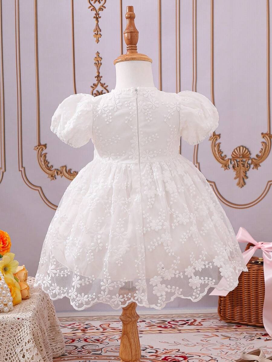 SHEIN Baby Girl Sweet Embroidered Mesh Dress With Bowknot Decoration