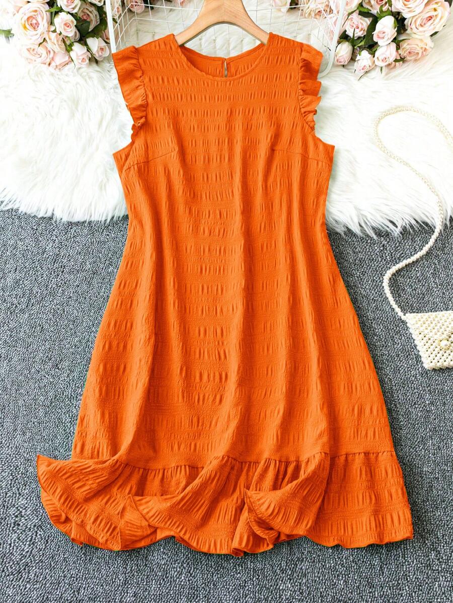 SHEIN Clasi فستان صيفي بدون أكمام وبقصّة كبيرة الحجم وتفصيلة روفل حول الرقبة - لون برتقالي - مشاهدة 1