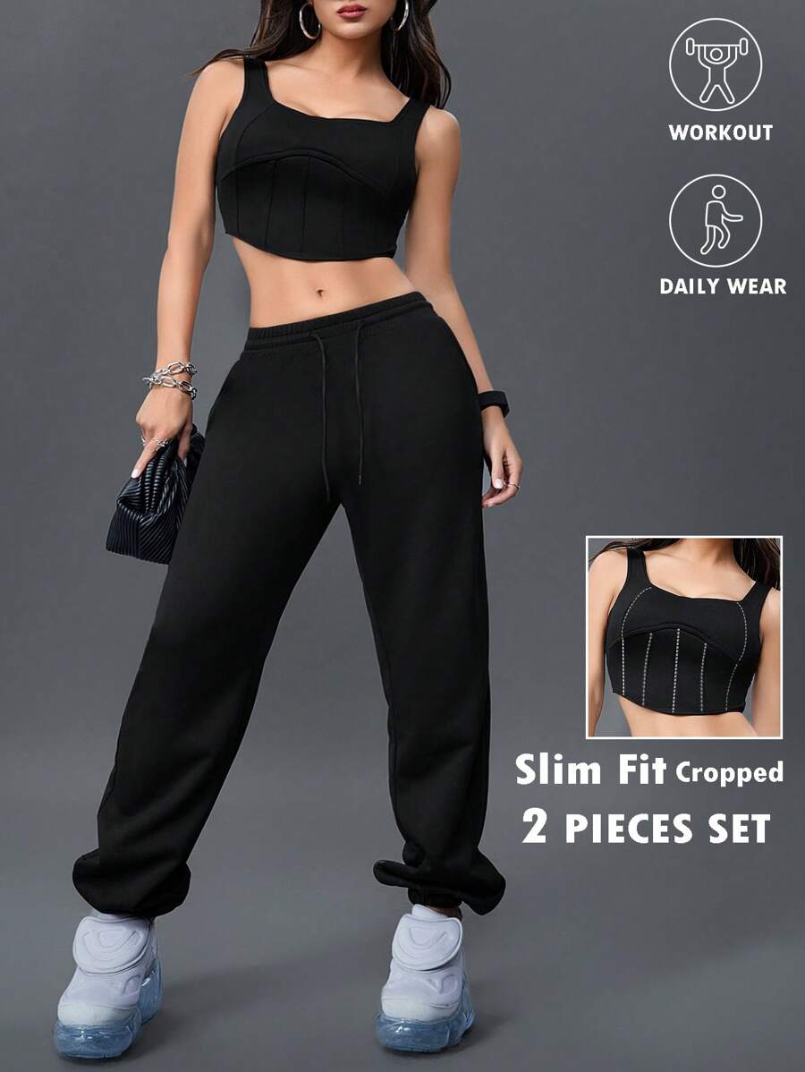 Innovista Crop Tank Top & Drawstring Waist Sweat Pants Joggers Sportswear Corset, 2 Piece Sets,Summer Outfits , Workout Tank Top ,Workout Set,Tracksuit,Workout Tank Tops, Gym Woman Sets, Baggy Pants ,Compression Shirts - Multicolor - View 1