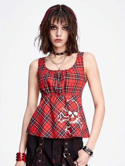 Grunge Punk Débardeur imprimé en crâne sexy et doux ayant un ajustement serré avec encolure carrée et motif plissé à carreaux pour femmes