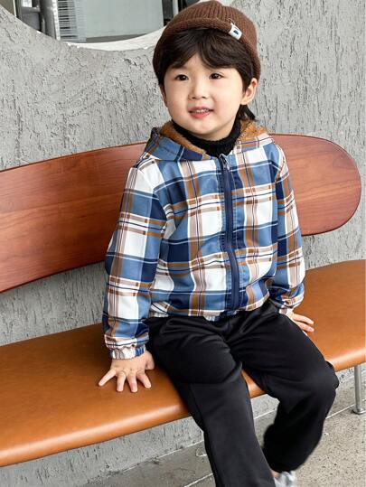 SHEIN garoto jovem Impressão Xadrez Forro de Pelúcia Cncapuzado Jaqueta Sem Camiseta