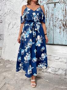 SHEIN VCAY Vestido de verano con estampado floral y hombros descubiertos de moda para mujer de talla grande para vacaciones