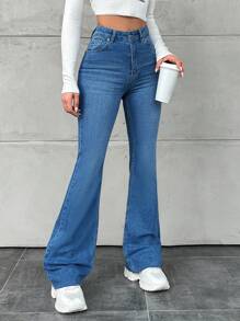 SHEIN Cottnline 女士貓鬚喇叭牛仔褲 - 藍色 - 查看 4
