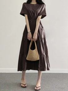 DAZY Vestido casual de diario de unicolor con cordón y cintura elástica, vestido maxi con volantes - Marrón Chocolate - Ver 2