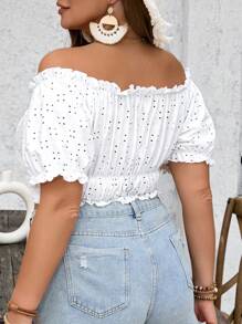 SHEIN VCAY 大码波西米亚风宽松夏季假日白色针织刺绣抽绳露肩女士上衣适合约会和节日 - 白色 - 查看 2