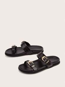 Casual Black Flat Sandals With Metal Square Buckle, Ideal For Vacation