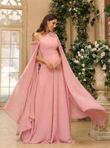SHEIN Belle 3D Flower, Chiffon, Asymmetrical Neck Bridesmaid Dress With Graceful Sleeves (Heavy Industry) Formal Ball Gown For Women, Elegant Long Sleeve Prom Evening Wedding Guest Dress, For Graduation, Dinner Party Dress