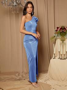 SHEIN Belle Asymmetrical Neckline & Slit Bridesmaid Dress Elegant Formal Evening Prom Wedding Guest Gown, For Graduation, Dinner Party Dress